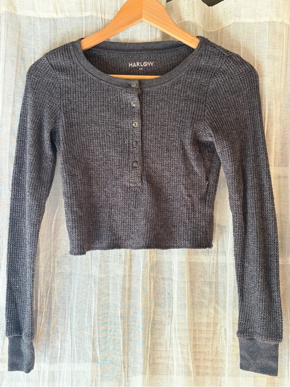 Harlow Charcoal Waffle Knit Henley Crop Long Sleeve Top size S